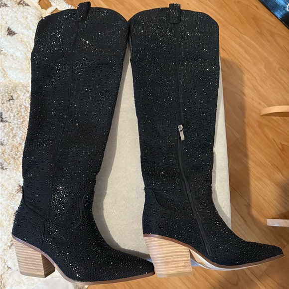 NWOT Women’s Black Above The Knee Rhinestone Cowgirl Boots Size 6 - Picture 2 of 9